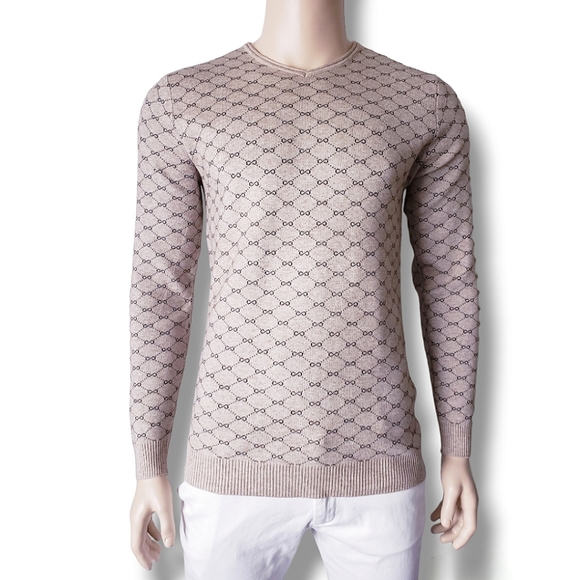 Pavini Beige & Black Infinity Small Print Monogram V-Neck Sweater - Picture 2 of 8